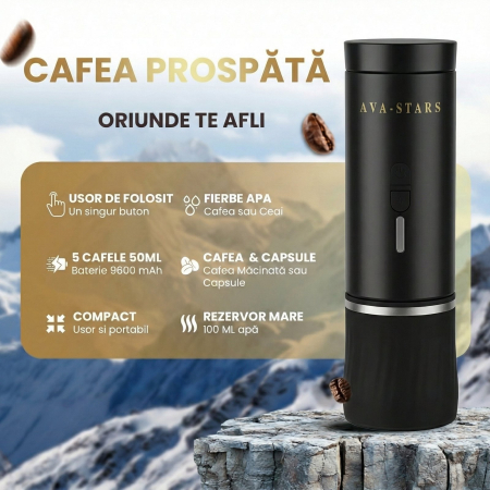 Aparat de cafea portabil AVA-STARS negru, espresso cu crema fina, fara prizа, baterie 9600mAh [1]