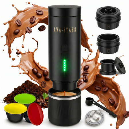 CALATORIE SI OUTDOOR - Aparat de cafea portabil AVA-STARS negru, espresso cu crema fina, fara prizа, baterie 9600mAh