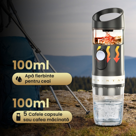 Aparat de cafea portabil, Cafea Macinata sau Capsule, Capacitate rezervor apa 100 ML, Incalzeste Apa, Incarcare USB Type C, Baterie 9600 mAh [2]