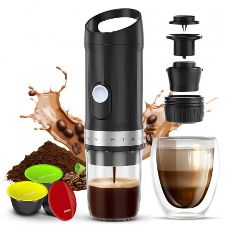 CALATORIE SI OUTDOOR - Aparat de cafea portabil, Cafea Macinata sau Capsule, Capacitate rezervor apa 100 ML, Incalzeste Apa, Incarcare USB Type C, Baterie 9600 mAh