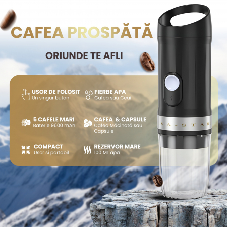 Aparat de cafea portabil, Cafea Macinata sau Capsule, Capacitate rezervor apa 100 ML, Incalzeste Apa, Incarcare USB Type C, Baterie 9600 mAh [1]