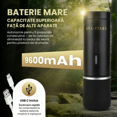Aparat de cafea portabil AVA-STARS negru, espresso cu crema fina, fara prizа, baterie 9600mAh [4]