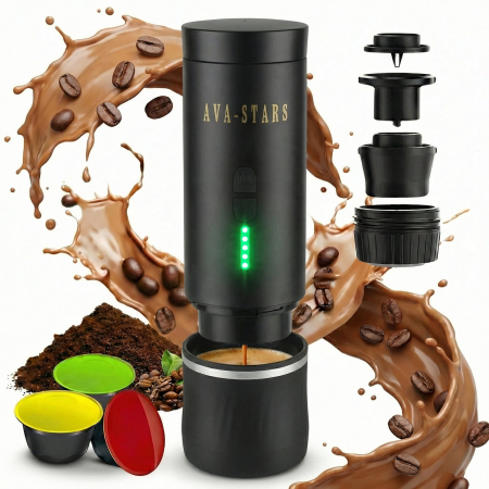 CALATORIE SI OUTDOOR - Aparat de cafea portabil AVA-STARS negru, espresso cu crema fina, fara prizа, baterie 9600mAh