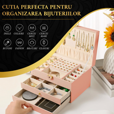 Cutie bijuterii, cutie organizator cu 3 nivele, cu cheita, 2 sertare, spatiu depozitare pentru bratari, inele, lantisoare, ceasuri, set 9 perechi cercei inclusi, catifea, 23 x 17 x 13.5 cm [3]