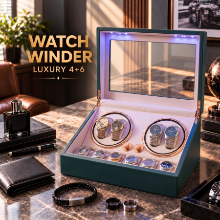 Cutie Ceasuri Automate, Rotator 4 Ceasuri Automatice si Spatiu Depozitare 6 Ceasuri Clasice, Watch Winder cu LED, Interior din Catifea, Exterior din Piele, Alimentare la Priza [10]