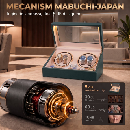 Cutie Ceasuri Automate, Rotator 4 Ceasuri Automatice si Spatiu Depozitare 6 Ceasuri Clasice, Watch Winder cu LED, Interior din Catifea, Exterior din Piele, Alimentare la Priza [5]