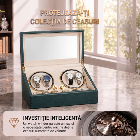 Cutie Ceasuri Automate, Rotator 4 Ceasuri Automatice si Spatiu Depozitare 6 Ceasuri Clasice, Watch Winder cu LED, Interior din Catifea, Exterior din Piele, Alimentare la Priza [7]