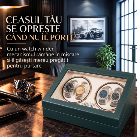 Cutie Ceasuri Automate, Rotator 4 Ceasuri Automatice si Spatiu Depozitare 6 Ceasuri Clasice, Watch Winder cu LED, Interior din Catifea, Exterior din Piele, Alimentare la Priza [2]