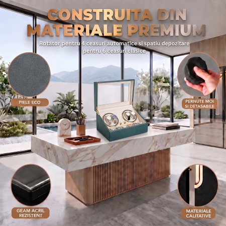 Cutie Ceasuri Automate, Rotator 4 Ceasuri Automatice si Spatiu Depozitare 6 Ceasuri Clasice, Watch Winder cu LED, Interior din Catifea, Exterior din Piele, Alimentare la Priza [4]