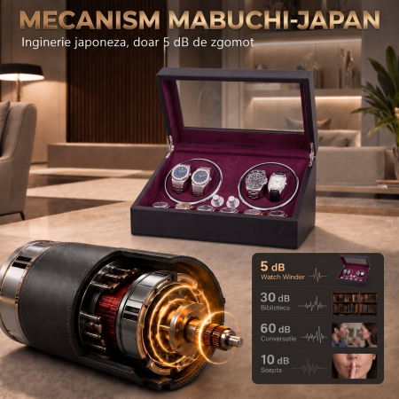 Cutie Ceasuri Automate, Rotator 4 Ceasuri Automatice si Spatiu Depozitare 6 Ceasuri Clasice, Watch Winder cu LED, Interior din Catifea, Exterior din Piele, Alimentare la Priza [5]