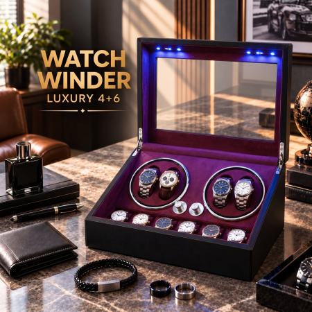 Cutie Ceasuri Automate, Rotator 4 Ceasuri Automatice si Spatiu Depozitare 6 Ceasuri Clasice, Watch Winder cu LED, Interior din Catifea, Exterior din Piele, Alimentare la Priza [9]