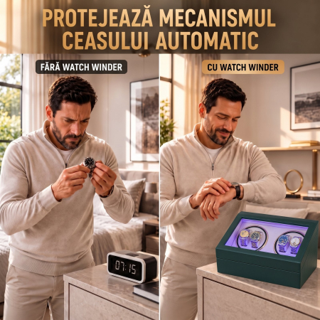 Cutie Ceasuri Automate, Rotator 4 Ceasuri Automatice si Spatiu Depozitare 6 Ceasuri Clasice, Watch Winder cu LED, Interior din Catifea, Exterior din Piele, Alimentare la Priza [3]