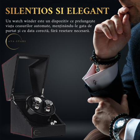 Cutie de intors ceasuri automatice, watch winder 2, 4 moduri de rotatie, interior si exterior din piele, negru dungat [1]