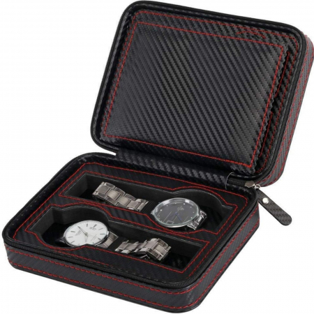 Cutie depozitare ceasuri, 4 compartimente, Piele Ecologica, Inchidere cu Fermoar, Negru cu insertii Rosii [3]