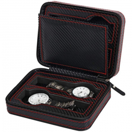 Cutie depozitare ceasuri, 4 compartimente, Piele Ecologica, Inchidere cu Fermoar, Negru cu insertii Rosii [0]