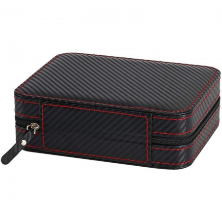 Cutie depozitare ceasuri, 4 compartimente, Piele Ecologica, Inchidere cu Fermoar, Negru cu insertii Rosii [4]