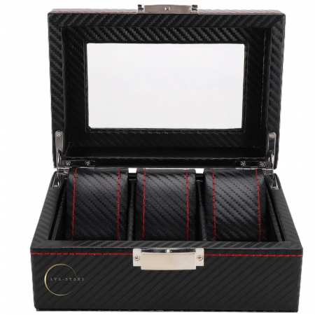 Cutie depozitare pentru 3 ceasuri, Exterior din Fibra de Carbon, Geam transparent din Acril, 18x12x8cm, Negru [6]