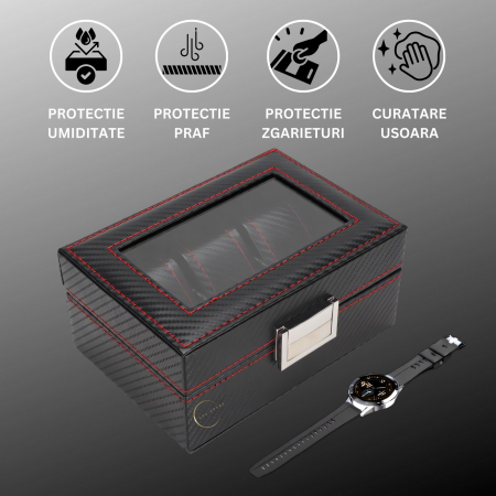 Cutie depozitare pentru 3 ceasuri, Exterior din Fibra de Carbon, Geam transparent din Acril, 18x12x8cm, Negru [2]