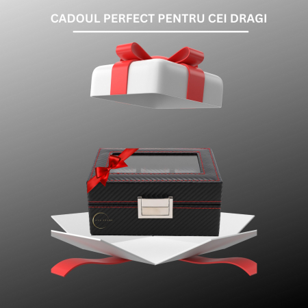 Cutie depozitare pentru 3 ceasuri, Exterior din Fibra de Carbon, Geam transparent din Acril, 18x12x8cm, Negru [5]
