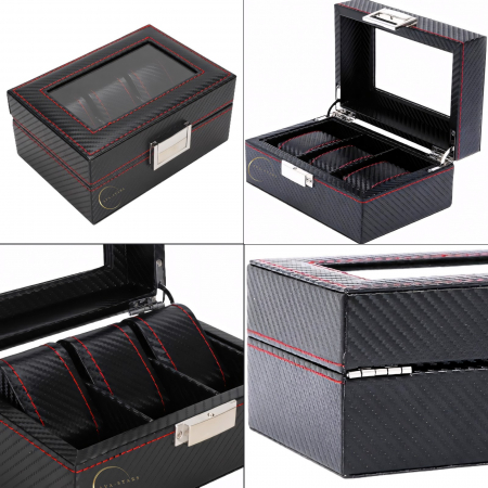 Cutie depozitare pentru 3 ceasuri, Exterior din Fibra de Carbon, Geam transparent din Acril, 18x12x8cm, Negru [3]