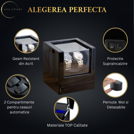 Cutie intors 2 ceasuri automatice, Interior Negru cu LED si exterior din lemn lacuit,  Negru [2]