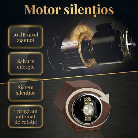 Cutie Întors Ceas Automatic,  Watch Winder Premium W147, 1 Program Automat de rotatie, Motor Silențios, Alimentare la Priză [4]
