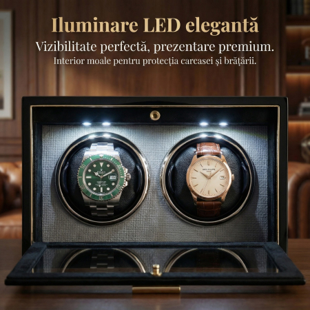 Cutie Intors Ceasuri Automate, Watch Winder Premium W165, 4 Programe, Lumini LED, Exterior din Lemn, Interior Catifea, Alimentare la Priza [3]