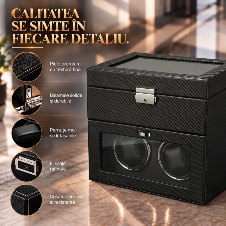 Cutie intors ceasuri automatice, Interior Catifea si Exterior din Piele, Inchidere cu Cheie, Ava-Stars ® [4]