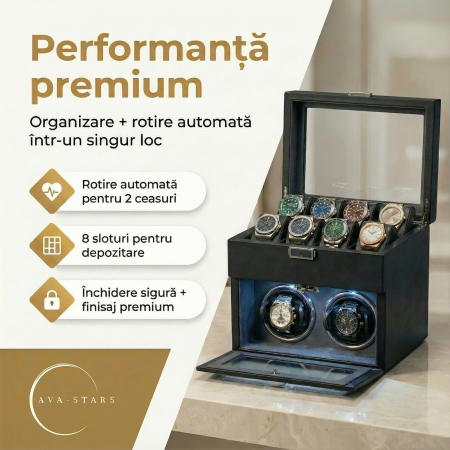 Cutie intors ceasuri automatice, Interior Catifea si Exterior din Piele, Inchidere cu Cheie, Ava-Stars ® [3]