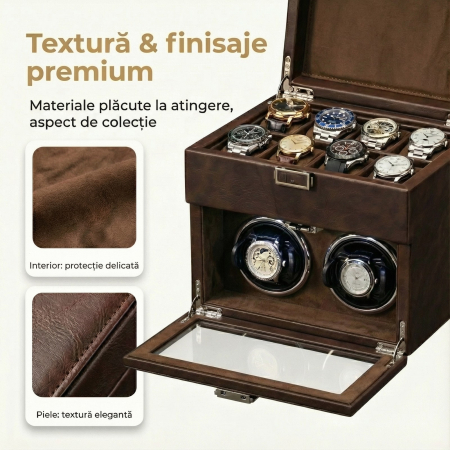 Cutie intors ceasuri automatice, Interior Catifea si Exterior din Piele, Inchidere cu Cheie, Ava-Stars ® [6]