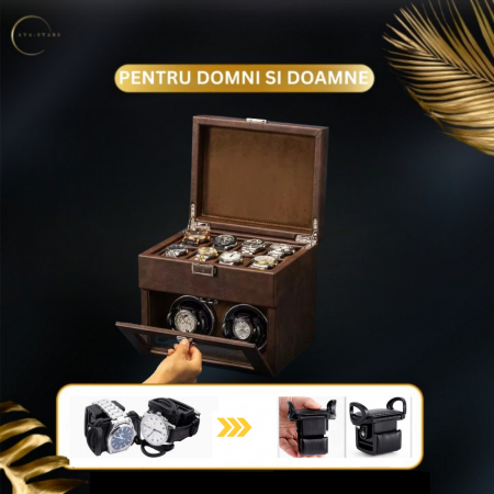 Cutie intors ceasuri automatice, Interior Catifea si Exterior din Piele, Inchidere cu Cheie, Ava-Stars ® [3]