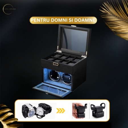 Cutie intors ceasuri automatice, Interior Catifea si Exterior din Piele, Inchidere cu Cheie, Ava-Stars ® [3]