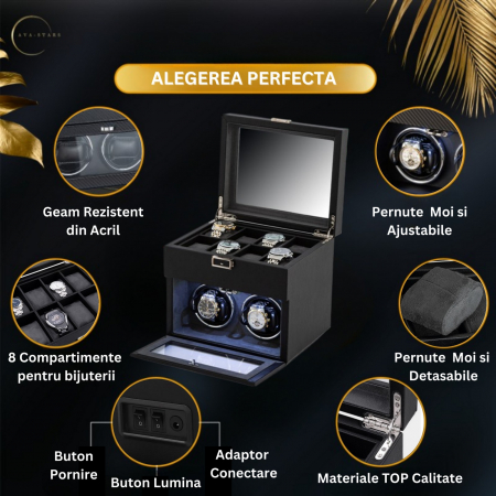 Cutie intors ceasuri automatice, Interior Catifea si Exterior din Piele, Inchidere cu Cheie, Ava-Stars ® [1]