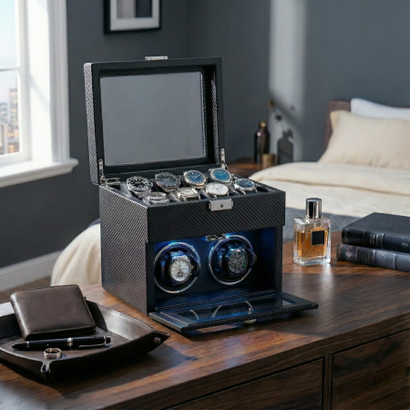 Cutie intors ceasuri automatice, Interior Catifea si Exterior din Piele, Inchidere cu Cheie, Ava-Stars ® [1]