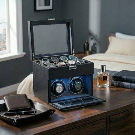 Cutie intors ceasuri automatice, Interior Catifea si Exterior din Piele, Inchidere cu Cheie, Ava-Stars ® [1]