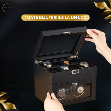 Cutie intors ceasuri automatice, Interior Catifea si Exterior din Piele, Inchidere cu Cheie, Ava-Stars ® [5]