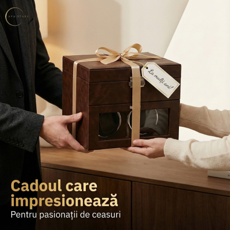 Cutie intors ceasuri automatice, Interior Catifea si Exterior din Piele, Inchidere cu Cheie, Ava-Stars ® [5]