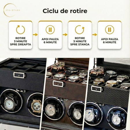 Cutie intors ceasuri automatice, Interior Catifea si Exterior din Piele, Inchidere cu Cheie, Ava-Stars ® [8]