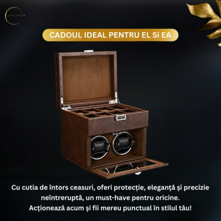 Cutie intors ceasuri automatice, Interior Catifea si Exterior din Piele, Inchidere cu Cheie, Ava-Stars ® [4]