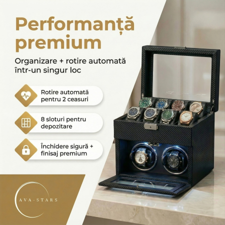 Cutie intors ceasuri automatice, Interior Catifea si Exterior din Piele, Inchidere cu Cheie, Ava-Stars ® [3]