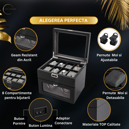 Cutie intors ceasuri automatice, Interior Catifea si Exterior din Piele, Inchidere cu Cheie, Ava-Stars ® [2]