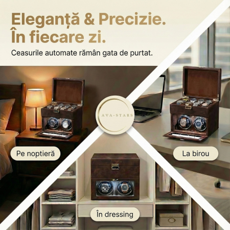 Cutie intors ceasuri automatice, Interior Catifea si Exterior din Piele, Inchidere cu Cheie, Ava-Stars ® [2]