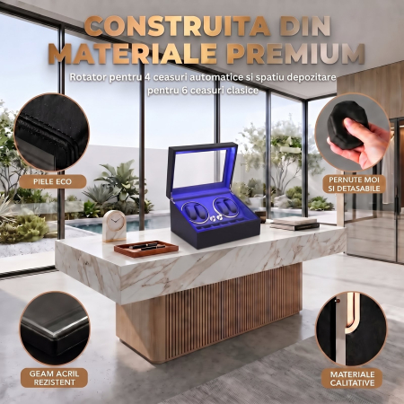 Cutie Ceasuri Automate, Rotator 4 Ceasuri Automatice si Spatiu Depozitare 6 Ceasuri Clasice, Watch Winder cu LED, Interior din Catifea, Exterior din Piele, Alimentare la Priza [4]