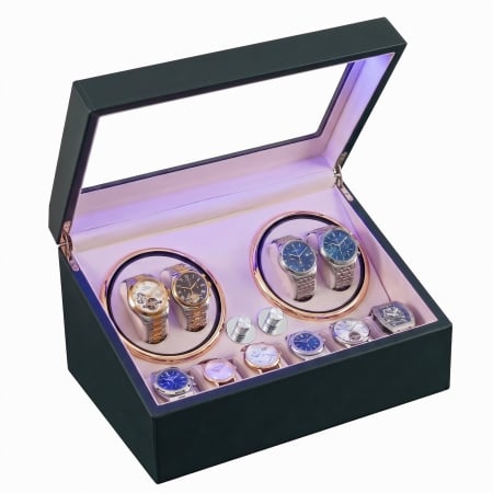 CUTII SI ACCESORII - Cutie Ceasuri Automate, Rotator 4 Ceasuri Automatice si Spatiu Depozitare 6 Ceasuri Clasice, Watch Winder cu LED, Interior din Catifea, Exterior din Piele, Alimentare la Priza