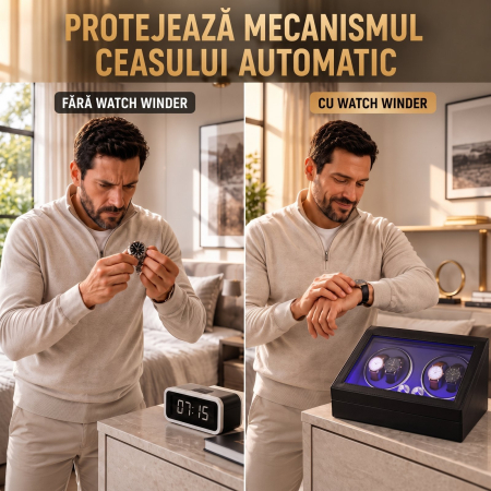 Cutie Ceasuri Automate, Rotator 4 Ceasuri Automatice si Spatiu Depozitare 6 Ceasuri Clasice, Watch Winder cu LED, Interior din Catifea, Exterior din Piele, Alimentare la Priza [3]