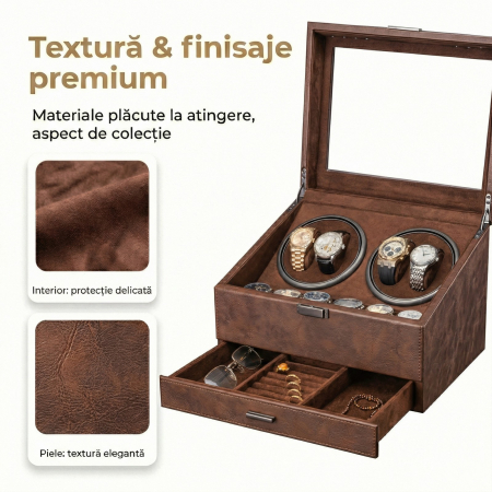 Cutie intors ceasuri automatice, Organizator 6 ceasuri cu compartiment bijuterii, Watch Winder Premium, 4 programe presetate, Alimentare la priza [6]