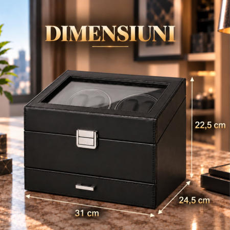 Cutie intors ceasuri automatice, Organizator 6 ceasuri cu compartiment bijuterii, Watch Winder Premium, 4 programe presetate, Alimentare la priza [8]