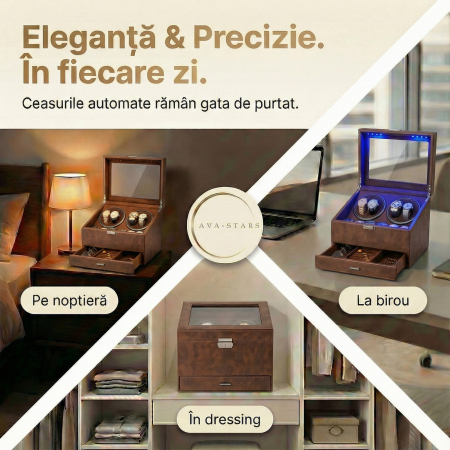 Cutie intors ceasuri automatice, Organizator 6 ceasuri cu compartiment bijuterii, Watch Winder Premium, 4 programe presetate, Alimentare la priza [2]