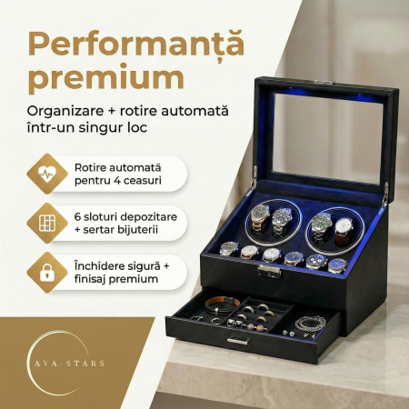 Cutie intors ceasuri automatice, Organizator 6 ceasuri cu compartiment bijuterii, Watch Winder Premium, 4 programe presetate, Alimentare la priza [3]