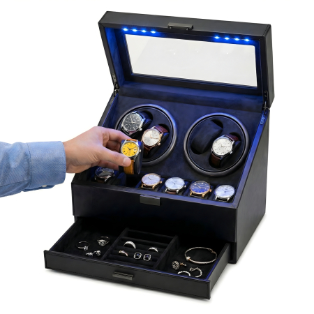 CUTII SI ACCESORII - Cutie intors ceasuri automatice, Organizator 6 ceasuri cu compartiment bijuterii, Watch Winder Premium, 4 programe presetate, Alimentare la priza